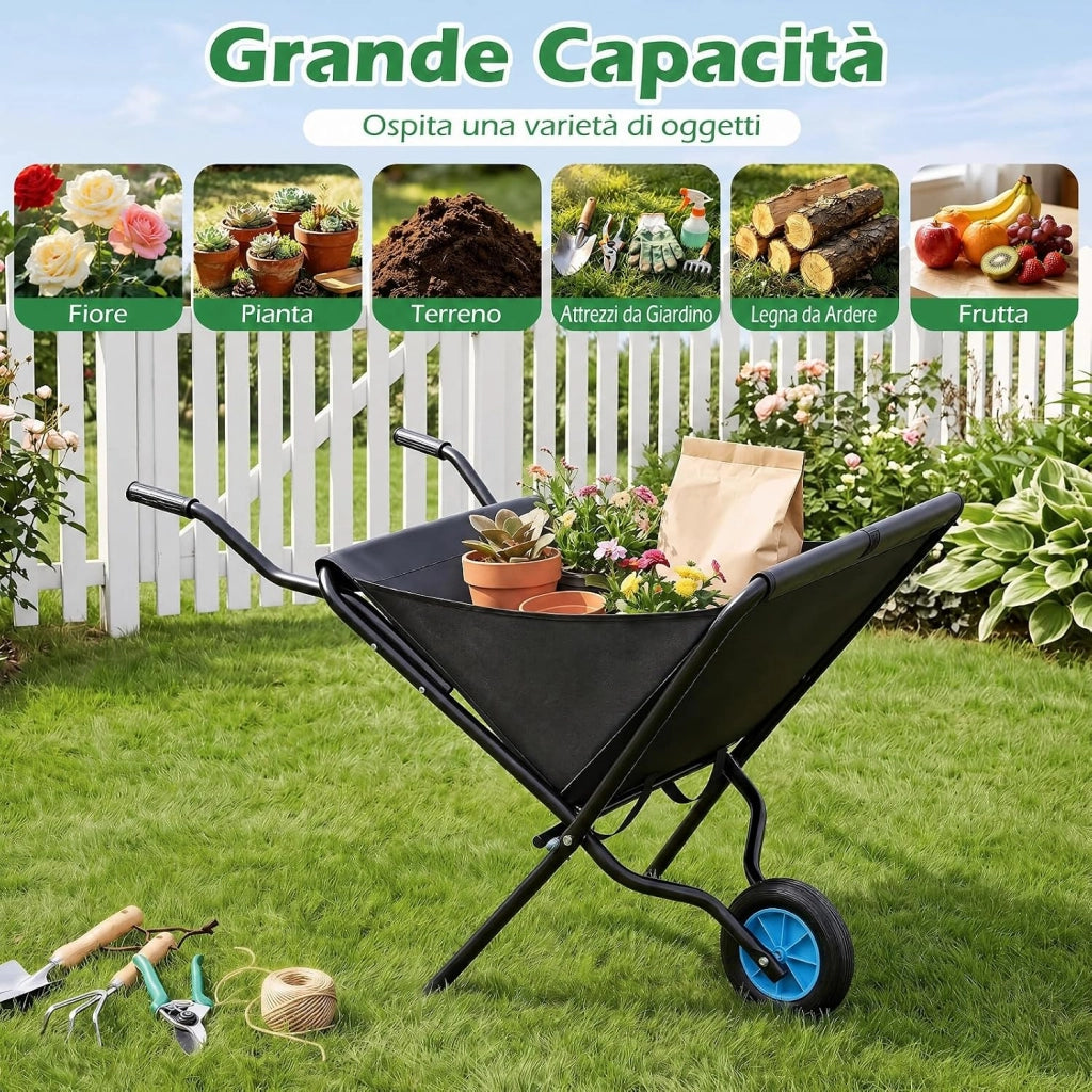 Carriola da Giardino Pieghevole con Tasca in Tessuto Oxford | Carrello da Esterno con Manico Antiscivolo, Struttura in Metallo, Ruota e Grande Capienza da Cortile e Fattoria