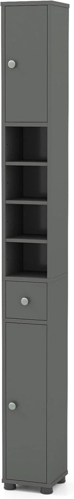 Mobile Bagno Alto Stretto, Mobiletto Colonna Salvaspazio con 1 Cassetto, 5 Ripiani Regolabili e Struttura Antiscivolo, Mobile a Terra per Ingresso, 20 x 20 x 180 cm (4 Ripiani, Grigio)