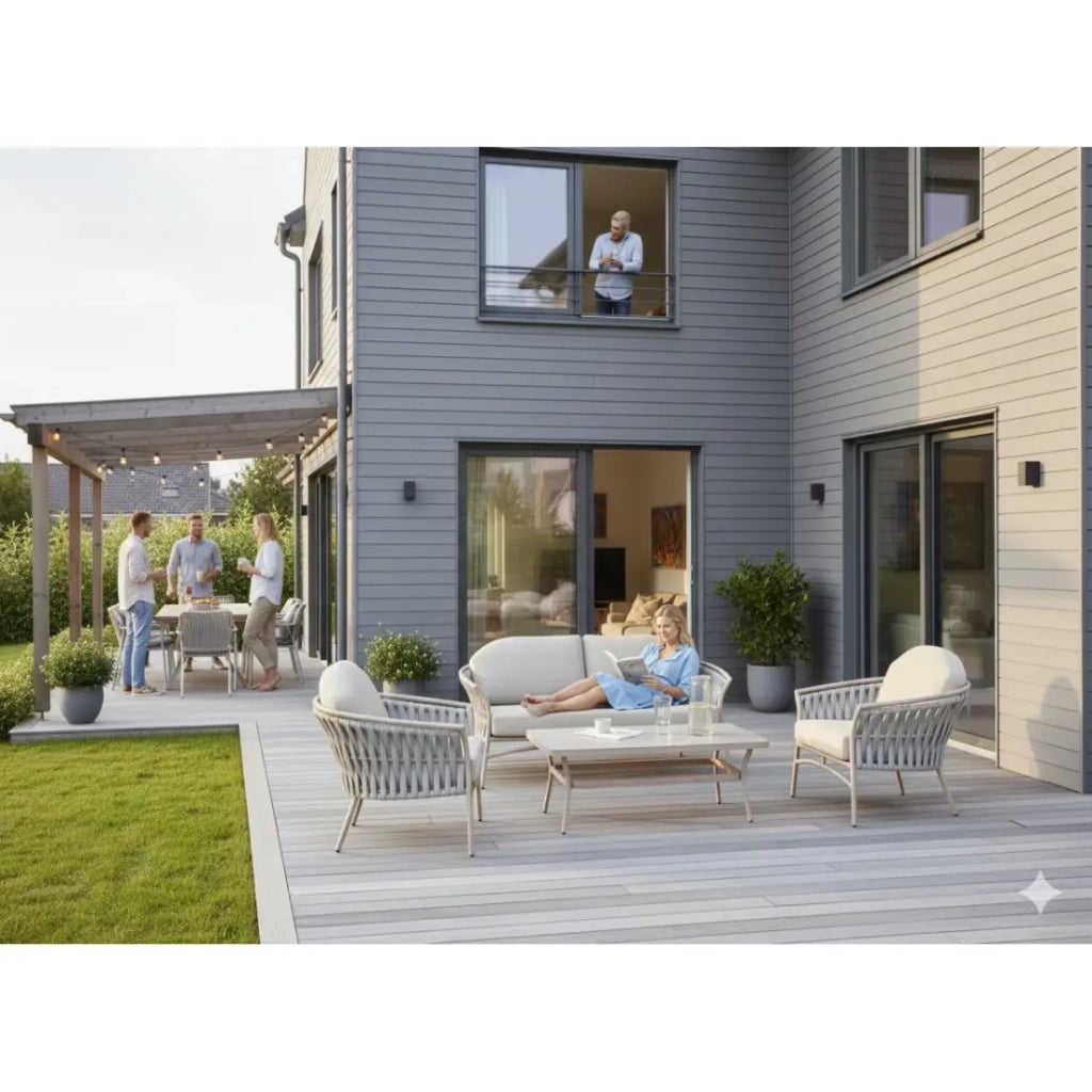 Set da giardino 4 posti in alluminio beige con corda e tavolino – ROTINIA