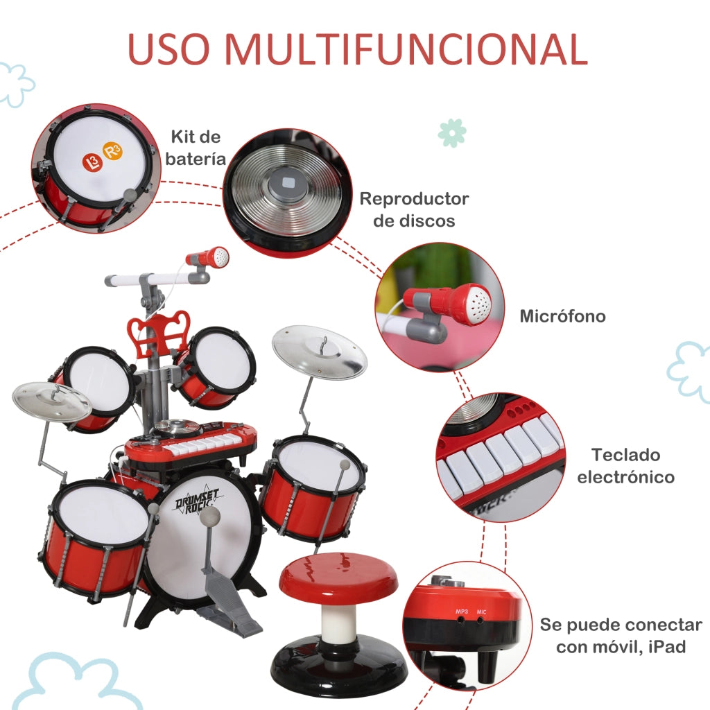Batteria Musicale per Bambini con Sgabello ¨C Xylo ¨C 4 Tamburi, Microfono, Piatti, Bacchette, Rosso, +3 Anni