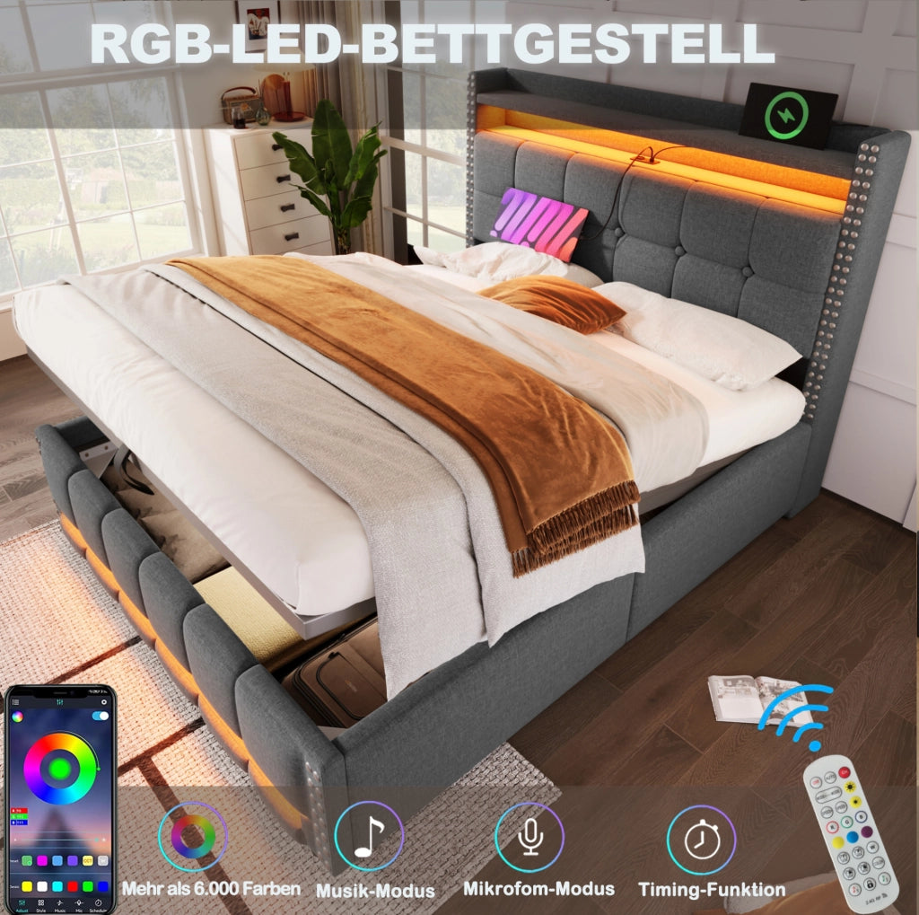 Letto matrimoniale imbottito 140x200 cm con LED e USB grigio