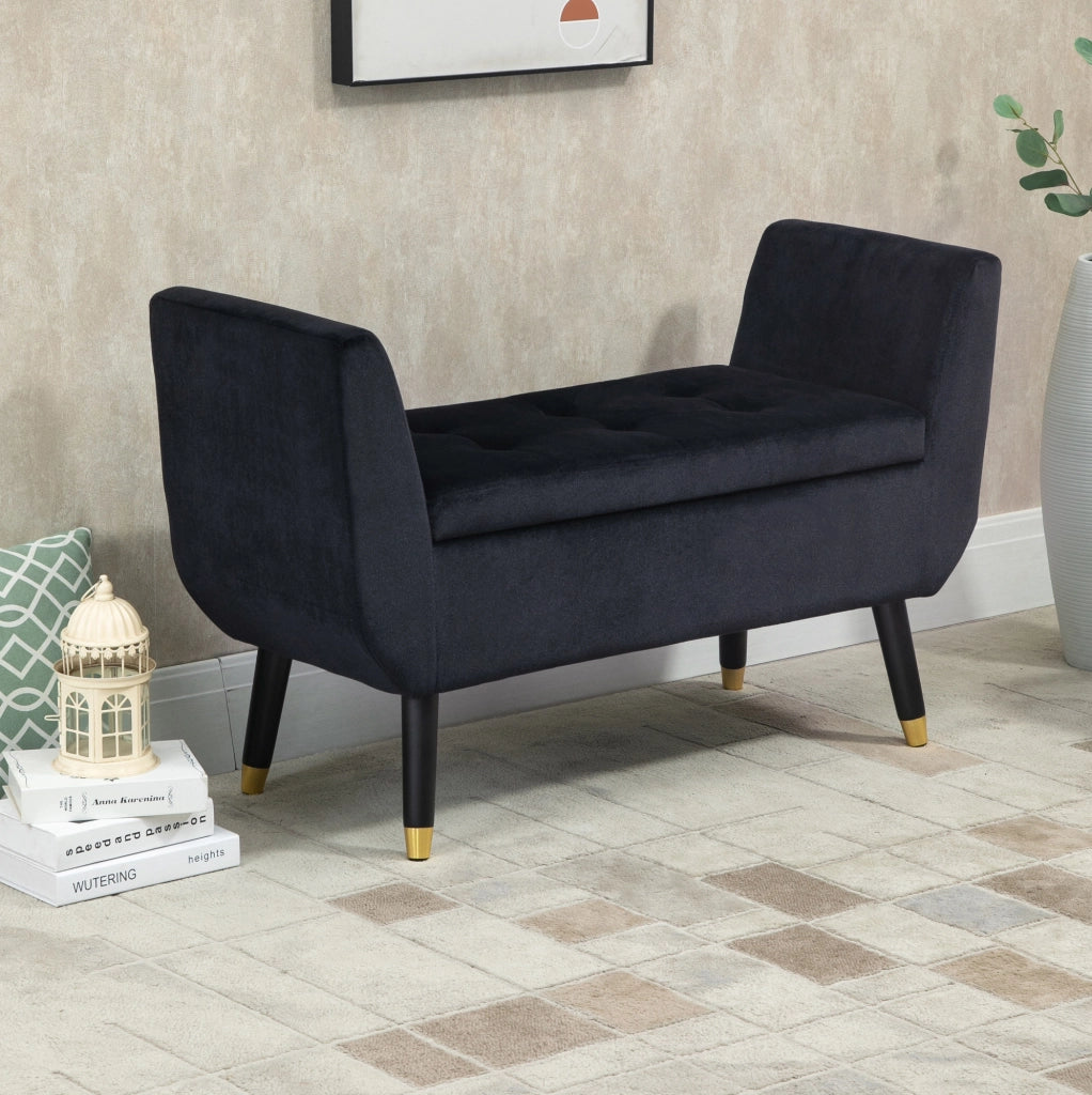 Panca contenitore in velluto nero con braccioli, 107 cm