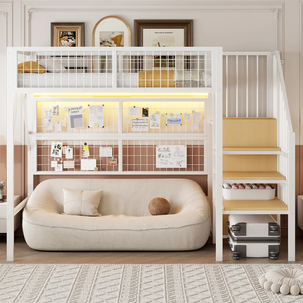 Letto a soppalco singolo con scala contenitore; armadio aperto e LED; 90 × 200 cm; senza materasso