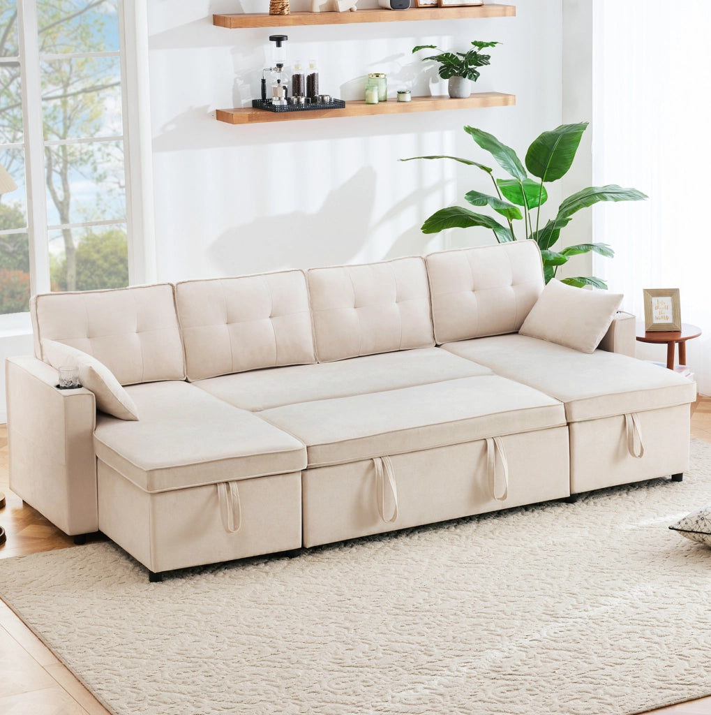 Divano letto a U 270 cm beige con contenitore e portabicchieri