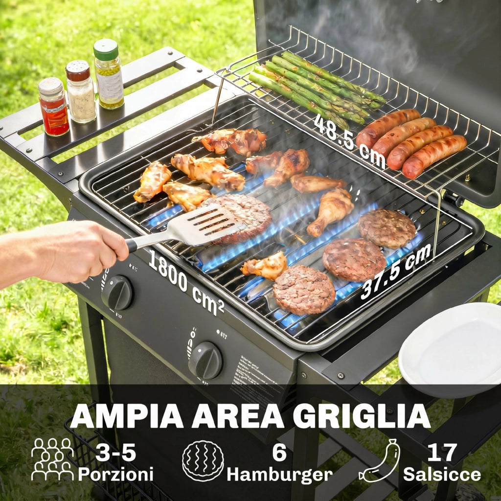 Barbecue Gas, 2 Bruciatori, Tavolini Laterali, Vassoio Raccogli Grassi, Nero.