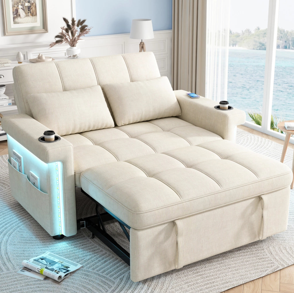 Divano letto 2 posti 145x141;5 cm in ciniglia beige con LED e porte USB/Type-C HOMVRA