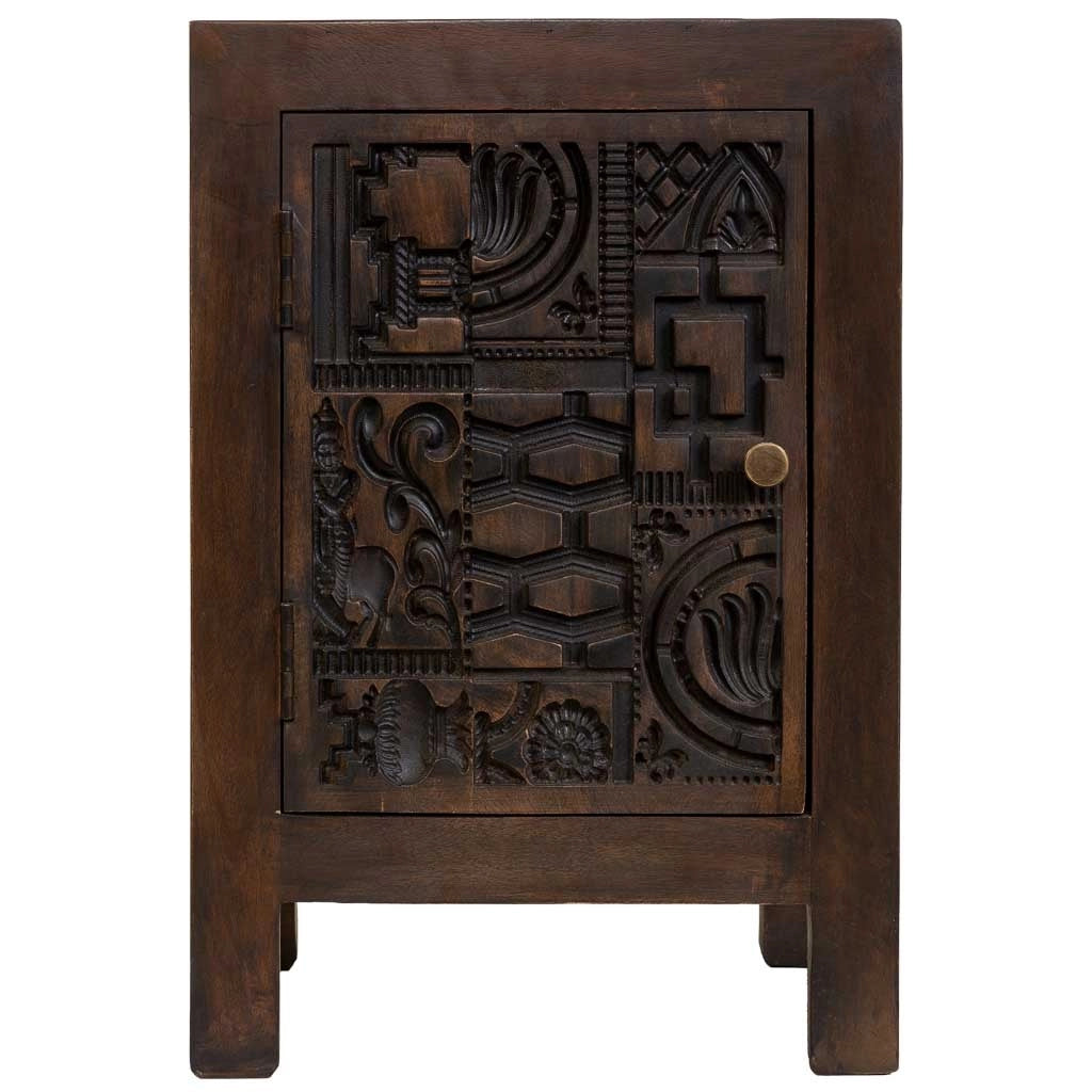 Comodino in legno marrone intagliato a mano 40x35x60h cm