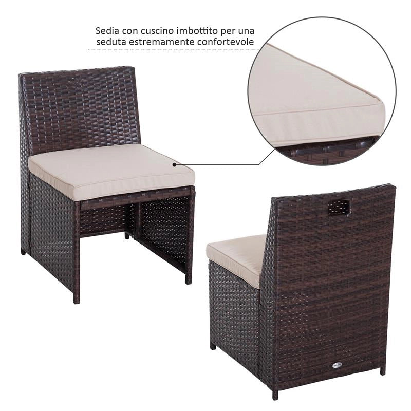 SET MOBILI DA GIARDINO IN RATTAN 5PZ TAVOLO PRANZO 4 SEDIE CON CUSCINI