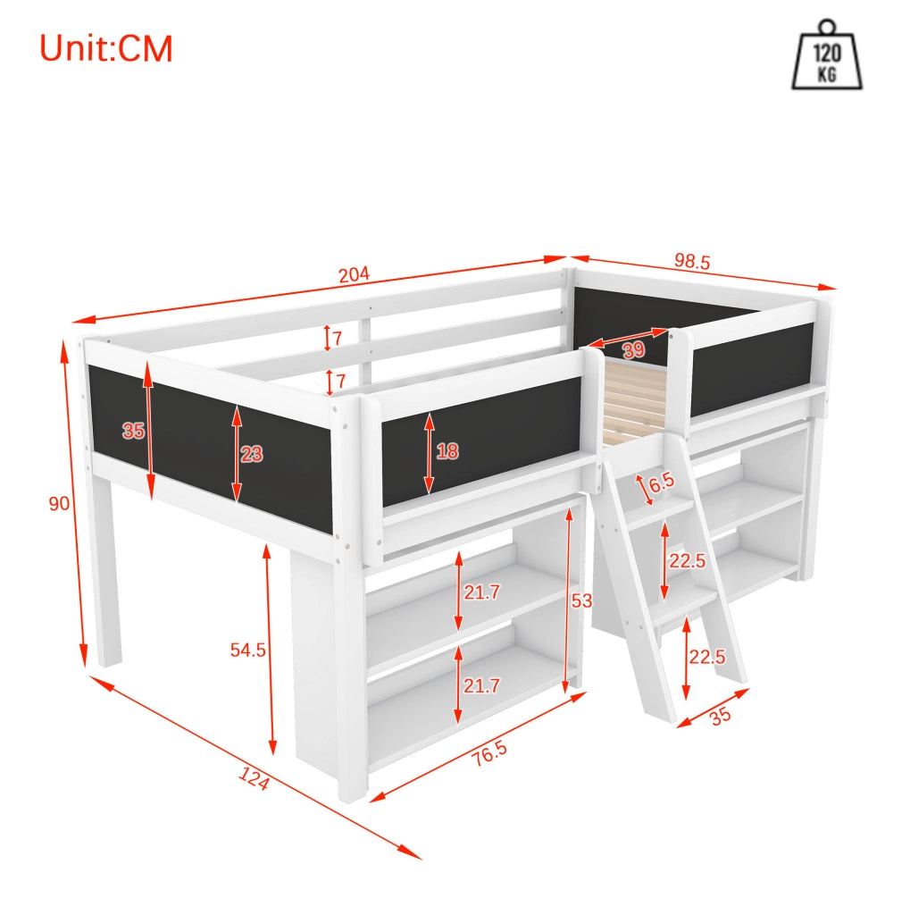 Letto semialto 90x200 cm con mensole, sponda di sicurezza e scala, bianco