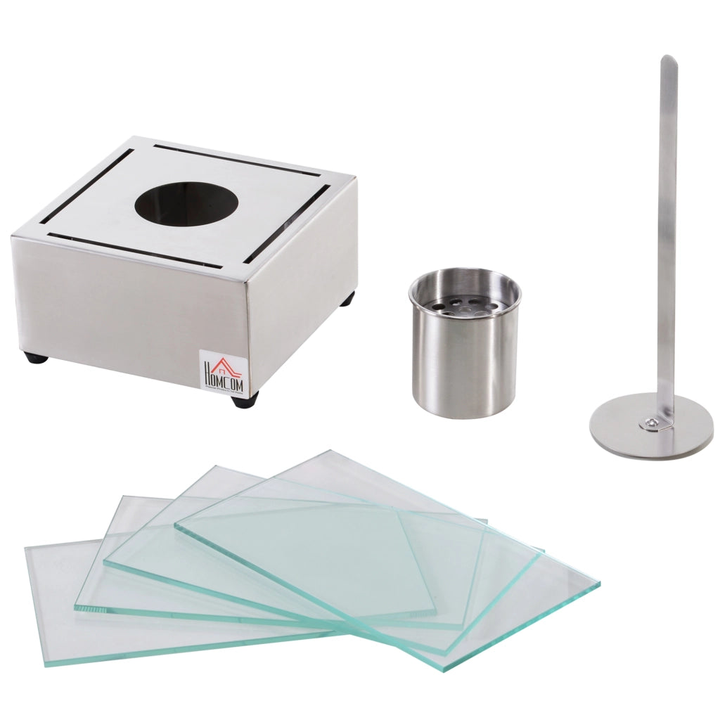 EasyComfort Camino a Bioetanolo da Tavolo con Bruciatore da 0.4L, Biocamino in Acciaio e Vetro per Interni ed Esterni, 20x20x33cm, Argento