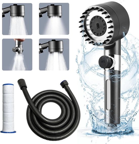 Doccia massaggio a risparmio d'acqua - 15m tubo - 2 filtri - testa massaggia - 4 modalità - doccia manuale - grigio