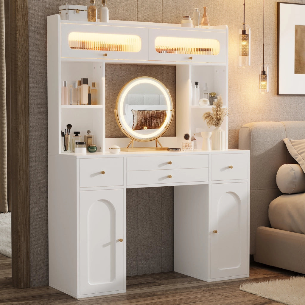 Toeletta bianca LED con 4 cassetti e specchio, 120x40x160 cm