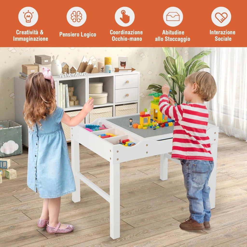 Tavolo da Gioco per Bambini in Legno con Piano Reversibile, Tavolo Multiattività Bambini 2 in 1, Porta Rotolo di Carta da Disegno, per Camera da Letto, Soggiorno (Bianco)