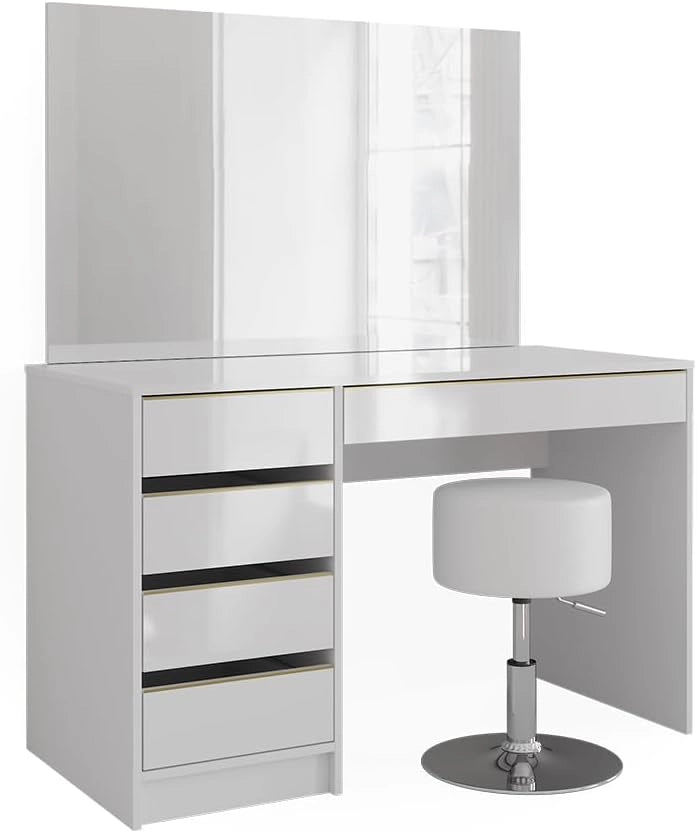 Set tavolino da toilette Sherry, Bianco/Oro, 120 cm con sgabello, inclusi sgabello e grande specchio per l’uso quotidiano