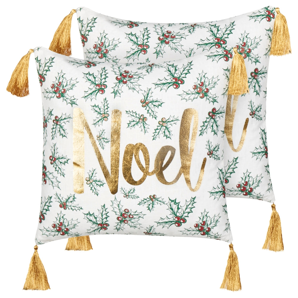 Set di 2 cuscini sparsi in cotone bianco oro 45 x 45 cm Motivo natalizio Nappe Accessori Decorazione festiva