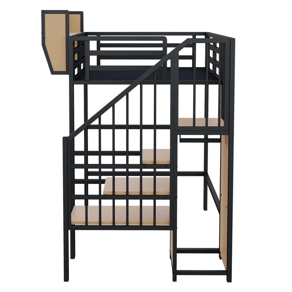 Letto a soppalco singolo 90×200 cm con scala di sicurezza e ripiano; senza materasso; metallo; nero