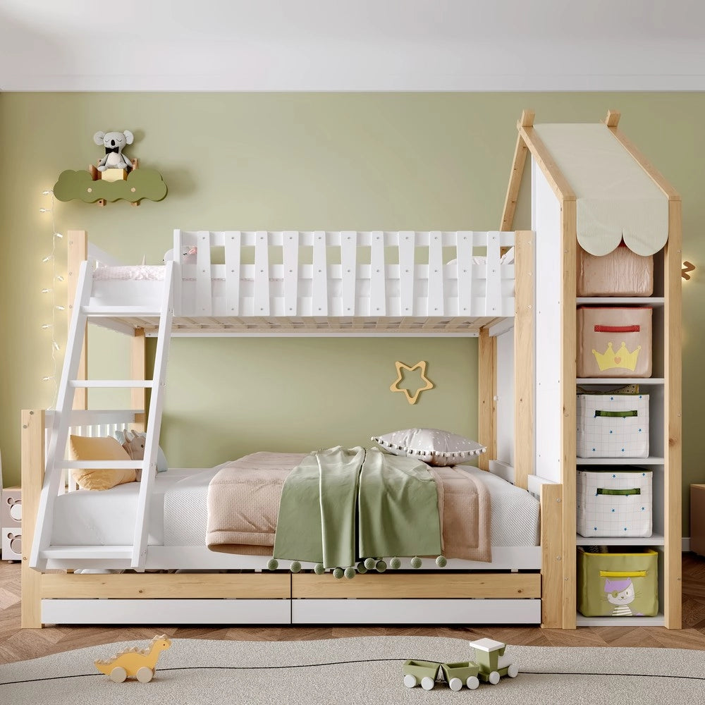 Letto a Castello 90x200 140x200 con Cassetti e Scaletta ¨C MINIMAL ¨C Bianco e Naturale