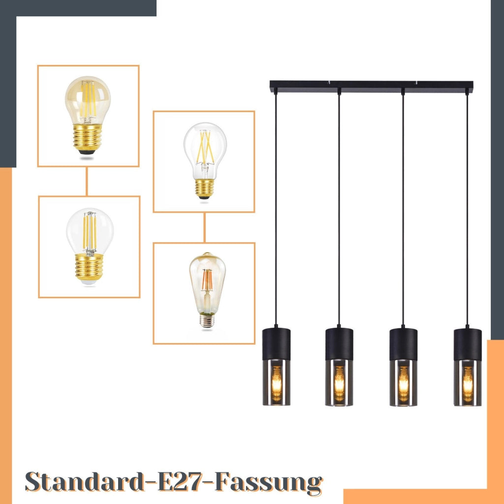 Lampada a sospensione ZMH per sala da pranzo 4 fiamme attacco E27 nera lampada a sospensione per cucina corridoio