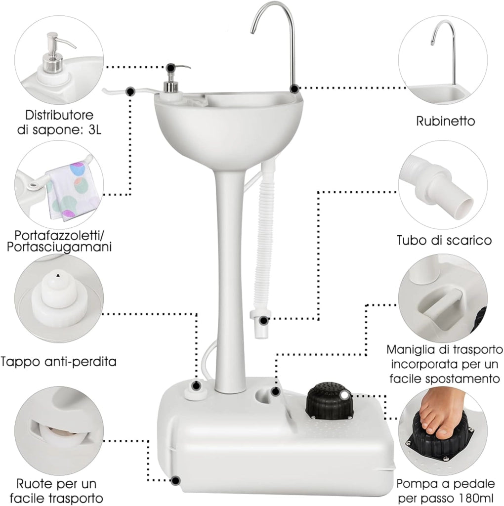 Lavandino da Campeggio con Pompa a Pedale, Lavandino Portatile con Serbatoio d'Acqua da 17L, Dispenser Sapone, Portasciugamani e Ruote (50 x 34 x 102cm)