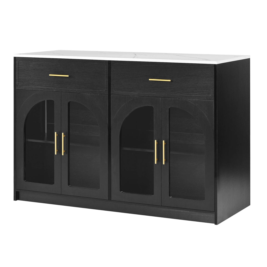 Carrello da cucina con LED, 2 cassetti, ante trasparenti e ripiani regolabili, per cucina e sala da pranzo, nero