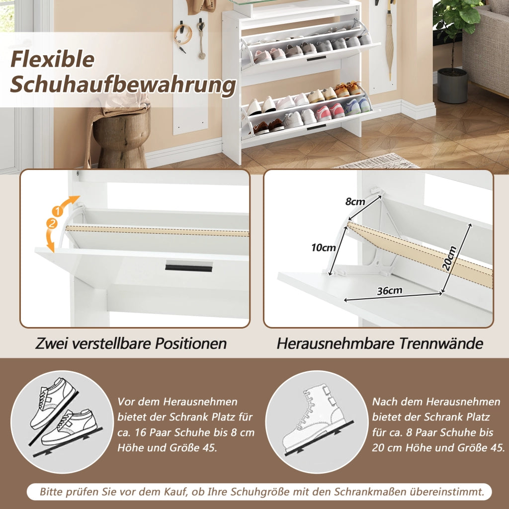 Mobili da ingresso con specchio e scarpiera a 2 ripiani ribaltabili con 8 ganci, bianco, per ingresso, 89,5 × 23 × 96,5 cm