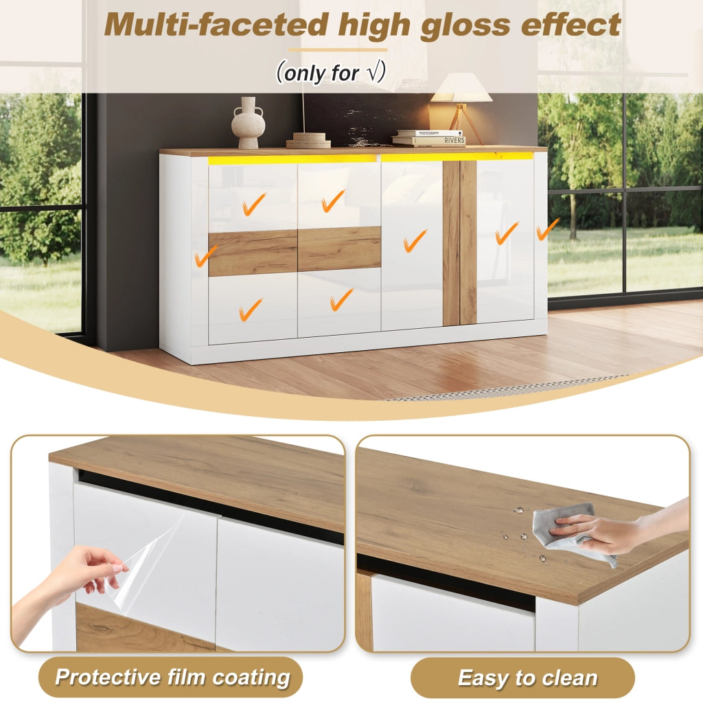 Credenza e madia con 4 ante, ripiani regolabili e LED RGB, per soggiorno e ingresso, in MDF, bianco, 140 × 35 × 70 cm