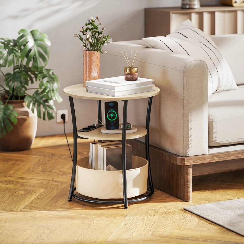 Tavolino rotondo 3 livelli con stazione di ricarica ¨C Xylo ¨C ?50x55,1 cm legno naturale