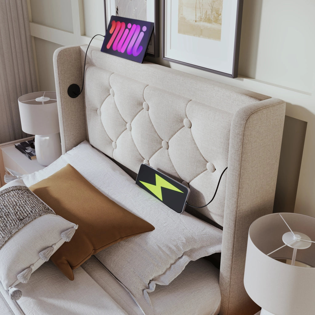 DESMIU Lit Simple 90 × 200 cm con LED a 3 lati, USB e Type-C, contenitore idraulico, materasso incluso, beige