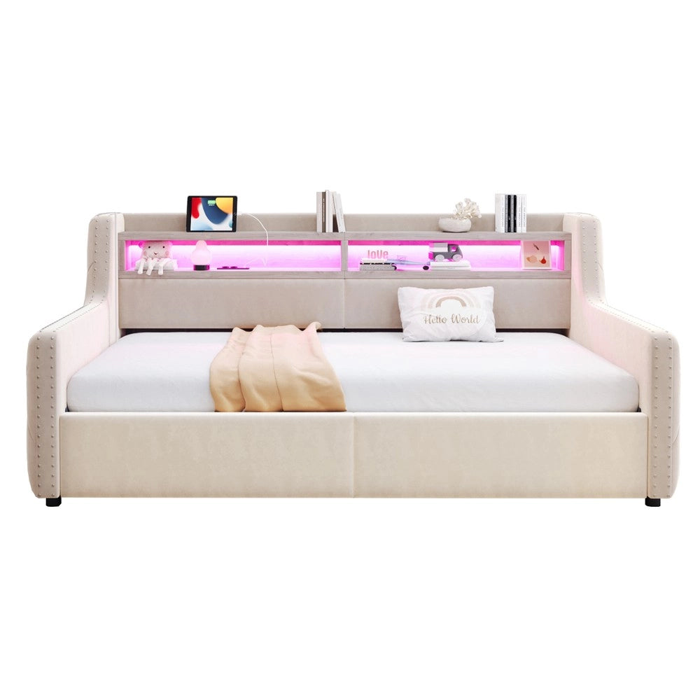 Letto Imbottito con Contenitore Idraulico e LED ¨C MINIMAL ¨C Beige 90x200