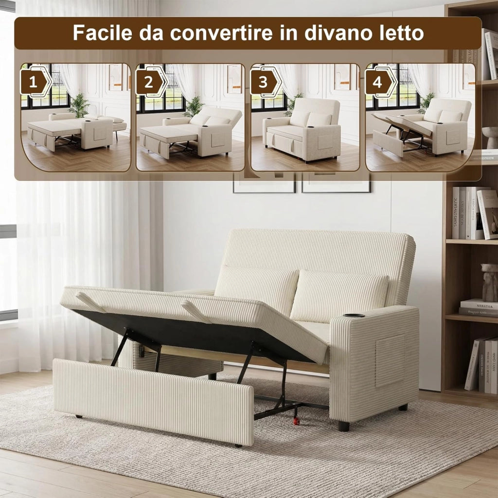 Divano Letto 2 Posti in Velluto Divano Matrimoniale Prontoletto Estraibile con Schienale Regolabile in 5 Posizioni per Soggiorno, Camera da Letto o Ufficio, 69P x 141L x 88H cm, Beige