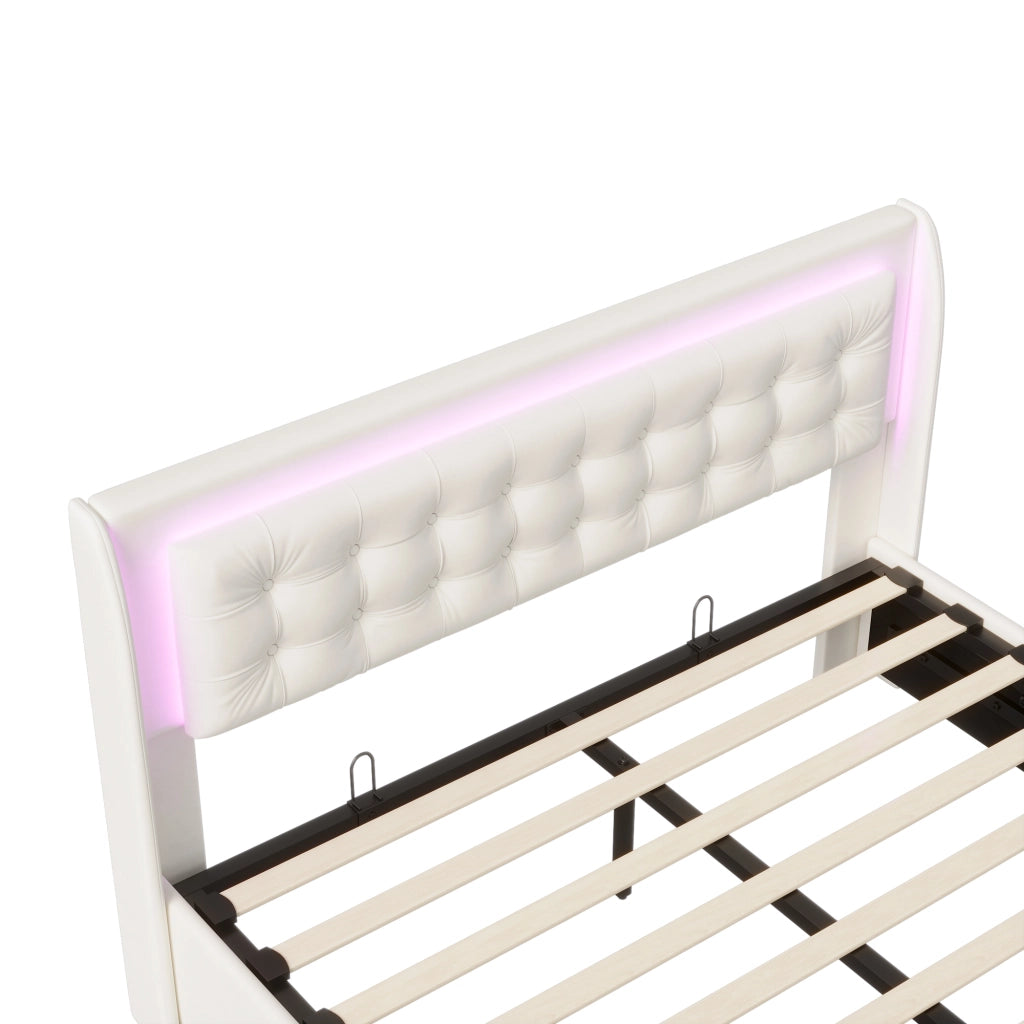 Letto contenitore matrimoniale 140x190 cm con  LED;Sollevamento idraulico e 2 cassetti;Velluto; beige