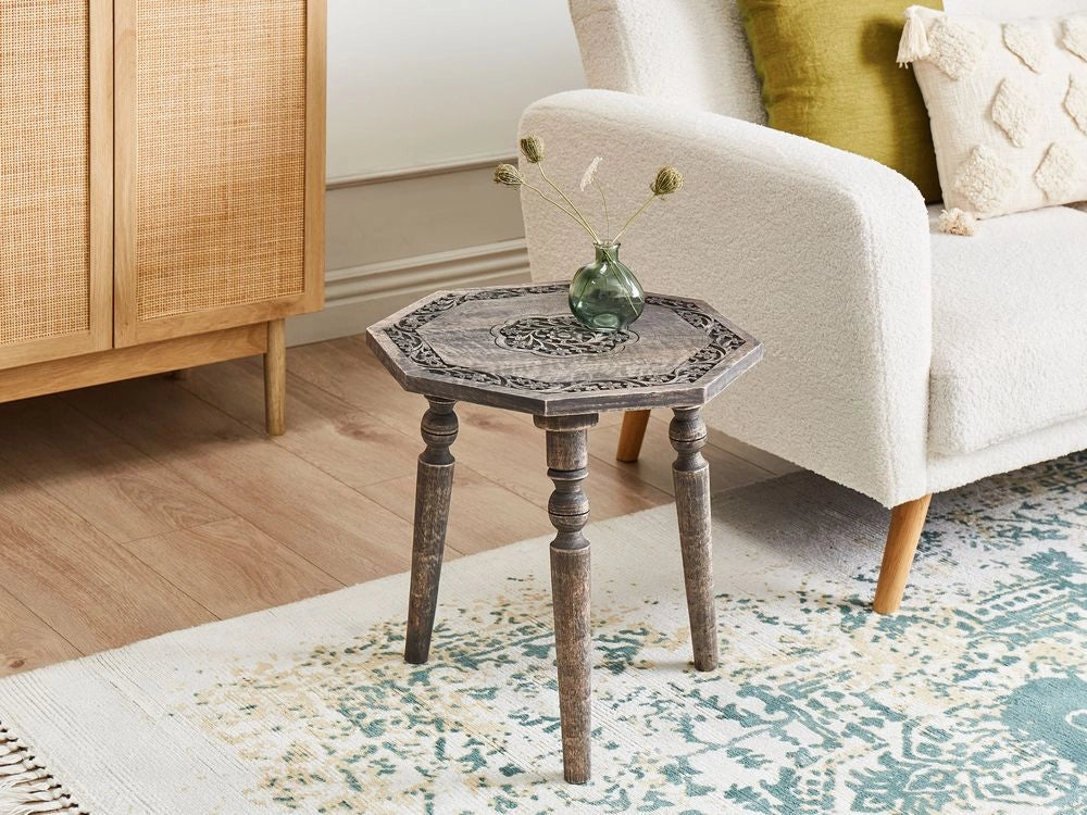 Tavolino in legno di mango scuro con piano rotondo 48 x 48 cm Design tradizionale