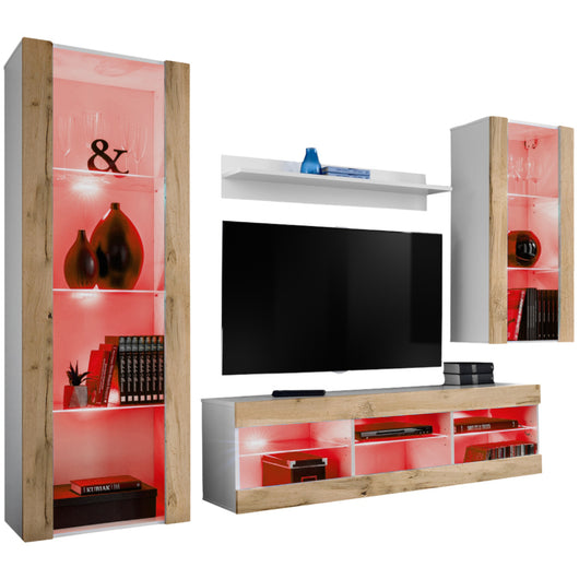 Set Di Mobili Porta TV Tivoli Medio, Komodee, Bianco/Wotan, LED RGB, Larghezza 245 cm x Altezza 159 cm x Profondità 35 cm, Per soggiorno, Camera da letto