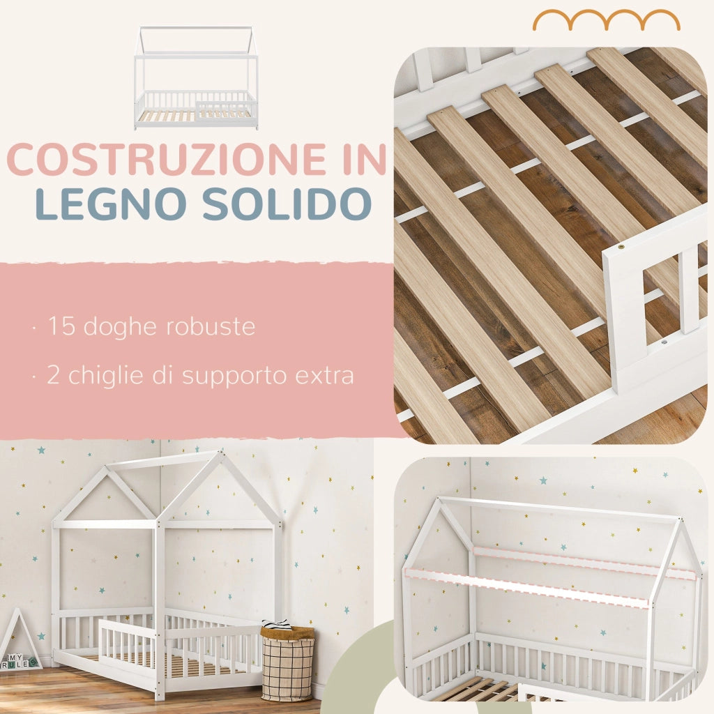 Letto Singolo per Bambini Casetta 96x195x165 cm con Doghe e Recinzione in Legno di Pino Bianco