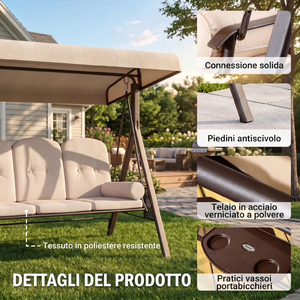 Dondolo 3 Posti per Esterno con Cuscini e Portabicchieri ¨C zephmum ¨C Beige, Metallo e Poliestere, 208x121x172 cm