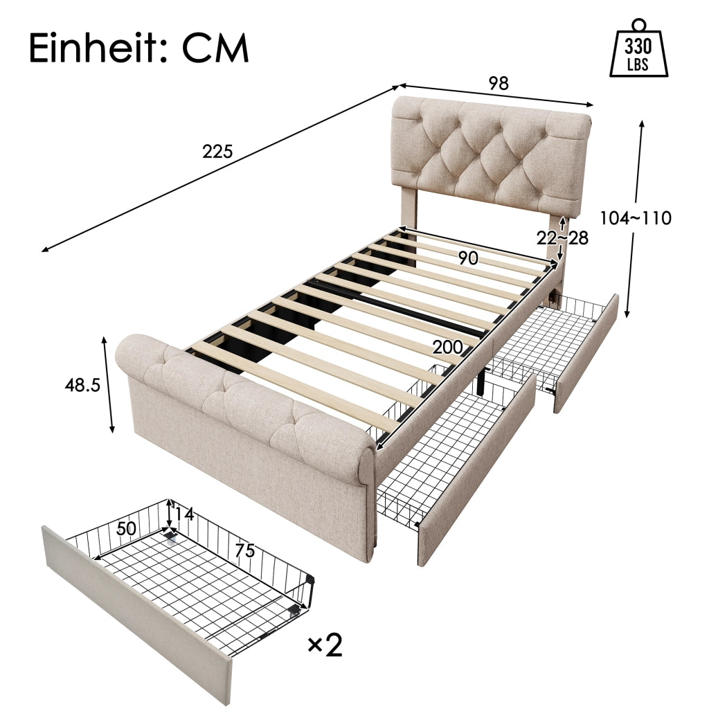 OKWISH Letto con Cassetti 90×200 cm, Letto Singolo con 2 Cassetti, Testiera Regolabile e Imbottitura, senza Materasso, Naturale