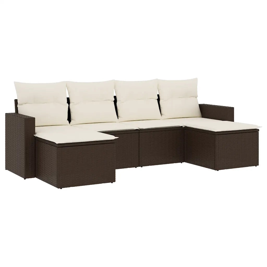 Set Divano da Giardino 6 pz | Set Salotto da Giardino con Cuscini Marrone in Polyrattan