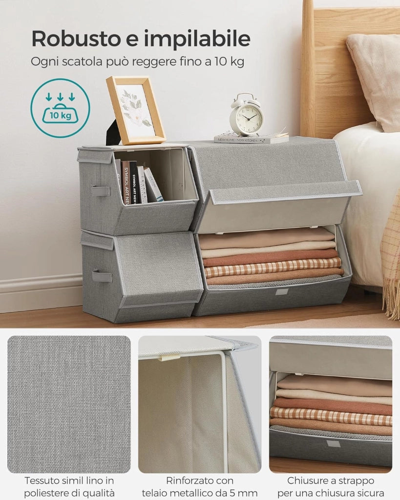 SONGMICS Set di 4 Scatole con Coperchio, Organizzatori Impilabili per Armadi, Contenitori con Chiusura Magnetica, Scatole in Tessuto, Struttura in Metallo, per Libri Vestiti, Grigio Tortora RLB022W01