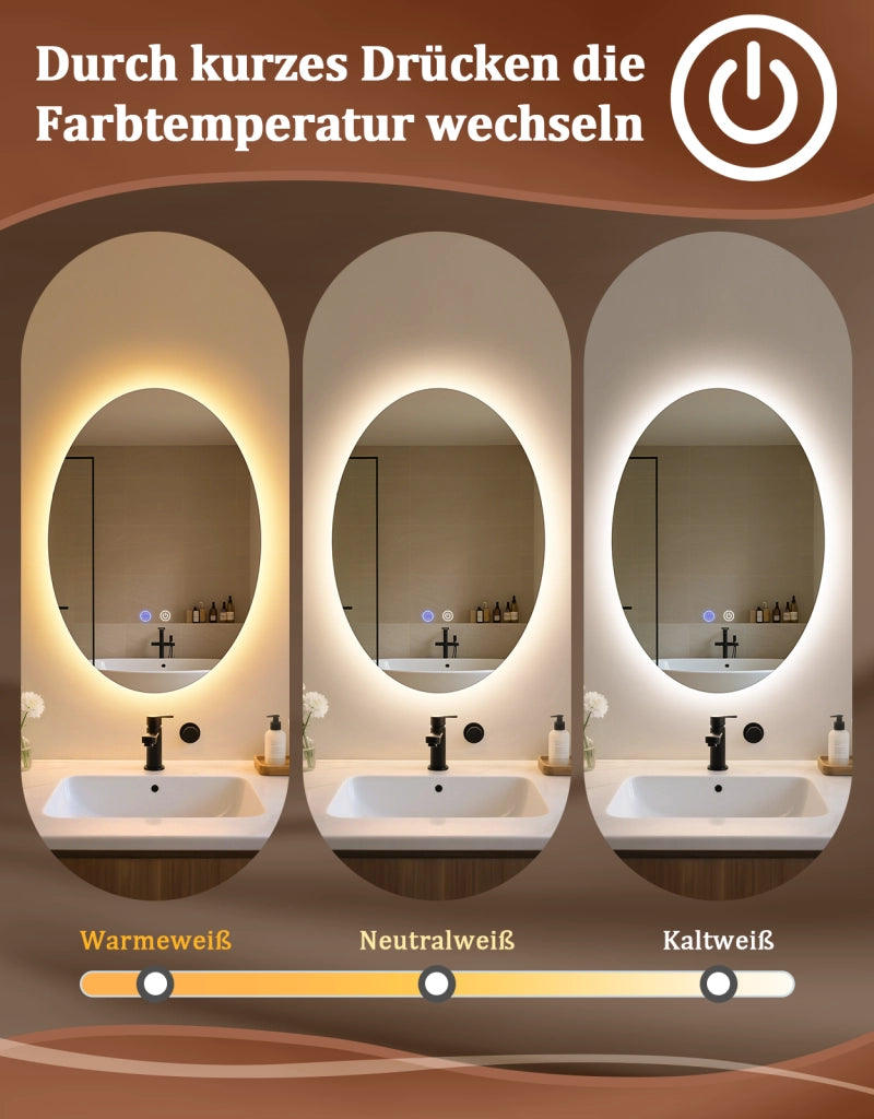 ZMH Specchio da bagno ovale LED 50x70 cm parete IP44 interruttore touch antiappannante dimmerabile 3000K-6500K