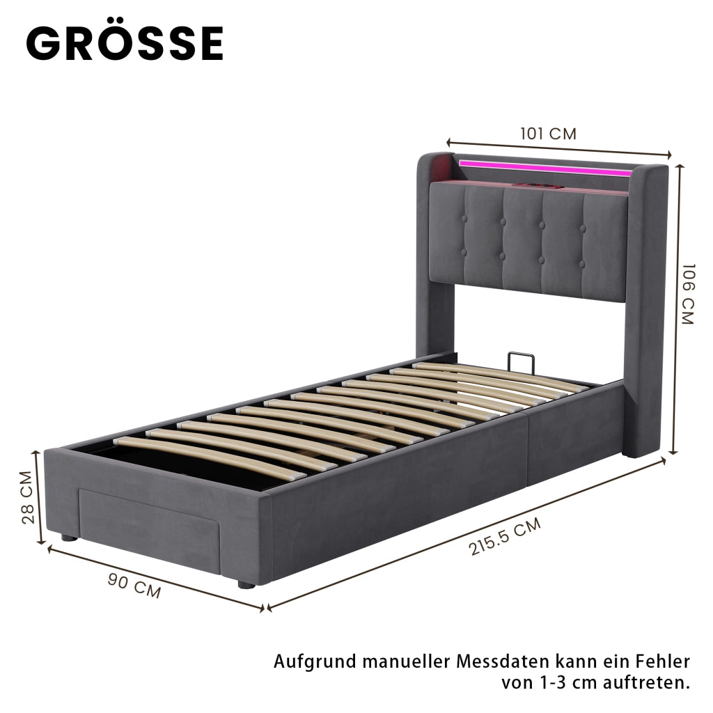 LETTO Imbottito 90 x 200 cm in Velluto con LED, USB e Contenitore