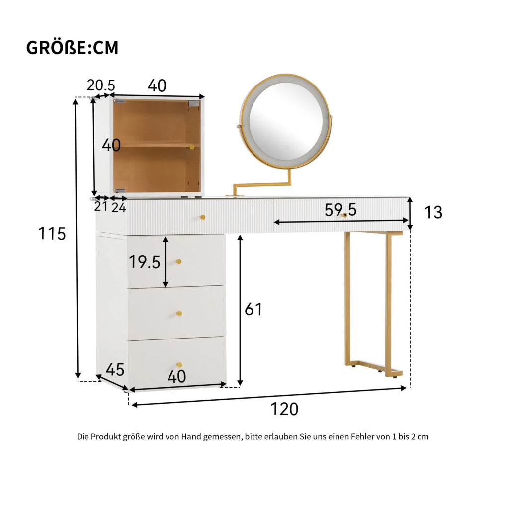 Toeletta con specchio LED bianca e oro 120x45x115 cm