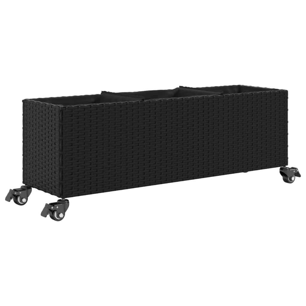 Fioriera rialzata per piante fiori patio giardino con ruote e 3 vasi 107 x 32 x 38 cm rattan nero 02_0038212