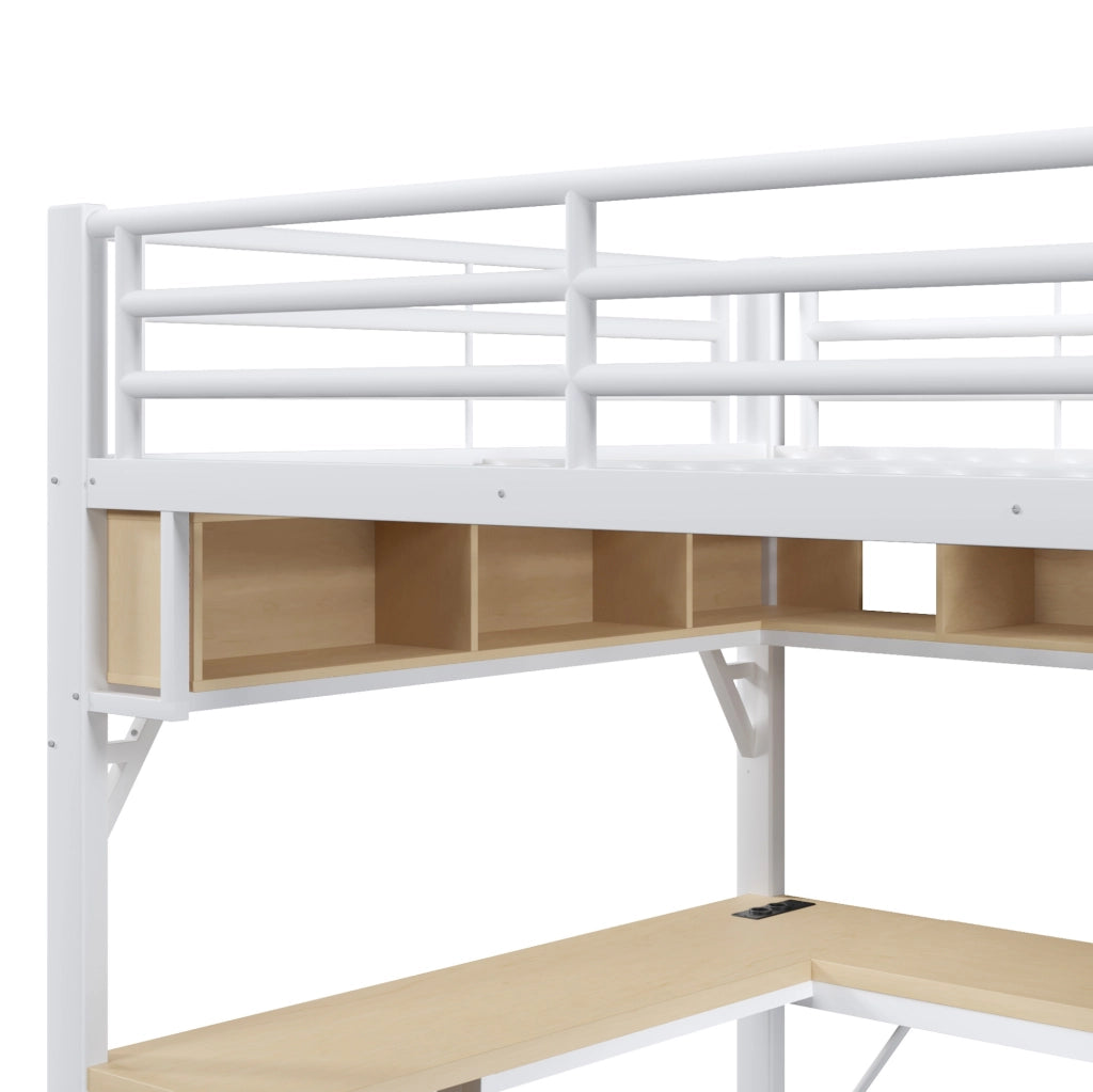 Letto a soppalco 140x200 cm con scrivania; ripiani; LED e cassetti; MDF e metallo; bianco