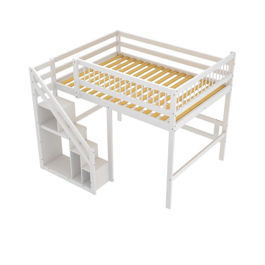 OKWISH Letto a soppalco 140×200 cm, Letto Matrimoniale con Scala con Armadietti, Sponda Alta e Contenitori, senza Materasso, Bianco