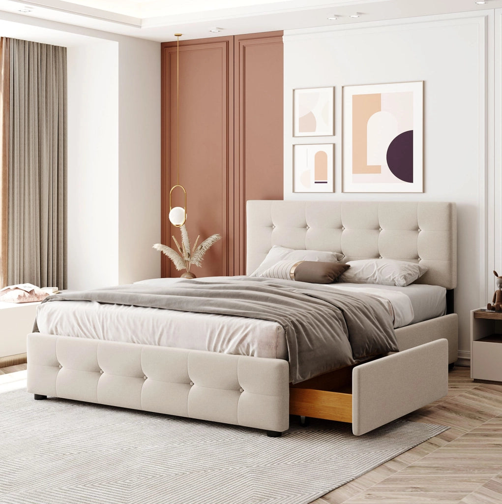 Letto imbottito 140x200 cm con 4 cassetti; struttura in acciaio; beige