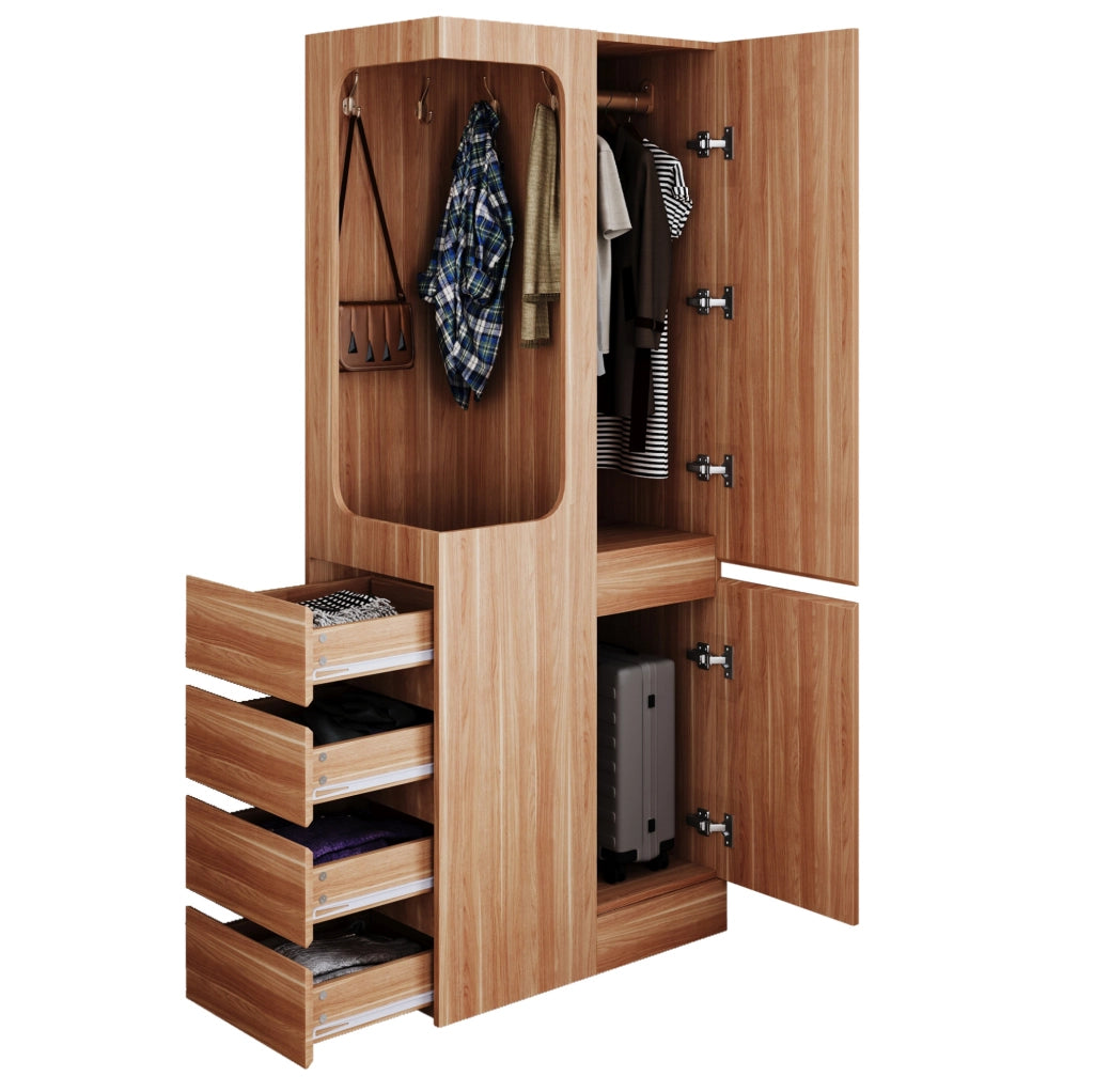 Armadio 70x40x170 cm con 4 cassetti e vano appendiabiti aperto in legno naturale