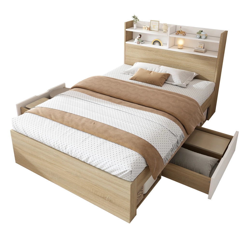 OKWISH Letto Singolo 90×200 cm con 2 Cassetti, Contenitore e Mensole, senza Materasso, in Legno, Bianco e Rovere