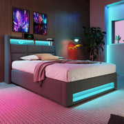 DESMIU Lit simple 90 × 200 cm con USB, LED, vano sollevabile, materasso incluso, in lino, grigio