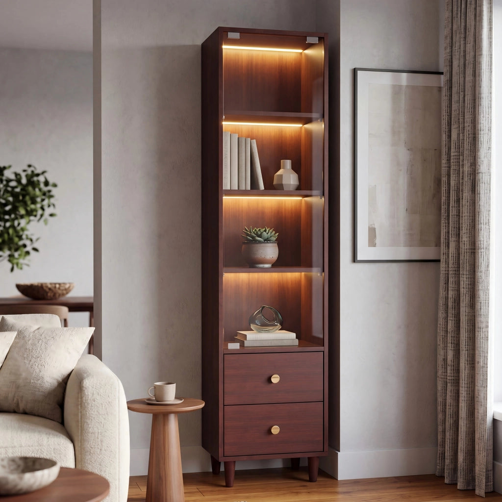 Vetrina con LED e porta in vetro, 4 ripiani e 2 cassetti, per soggiorno, in MDF e vetro, marrone, 40 × 35 × 165 cm