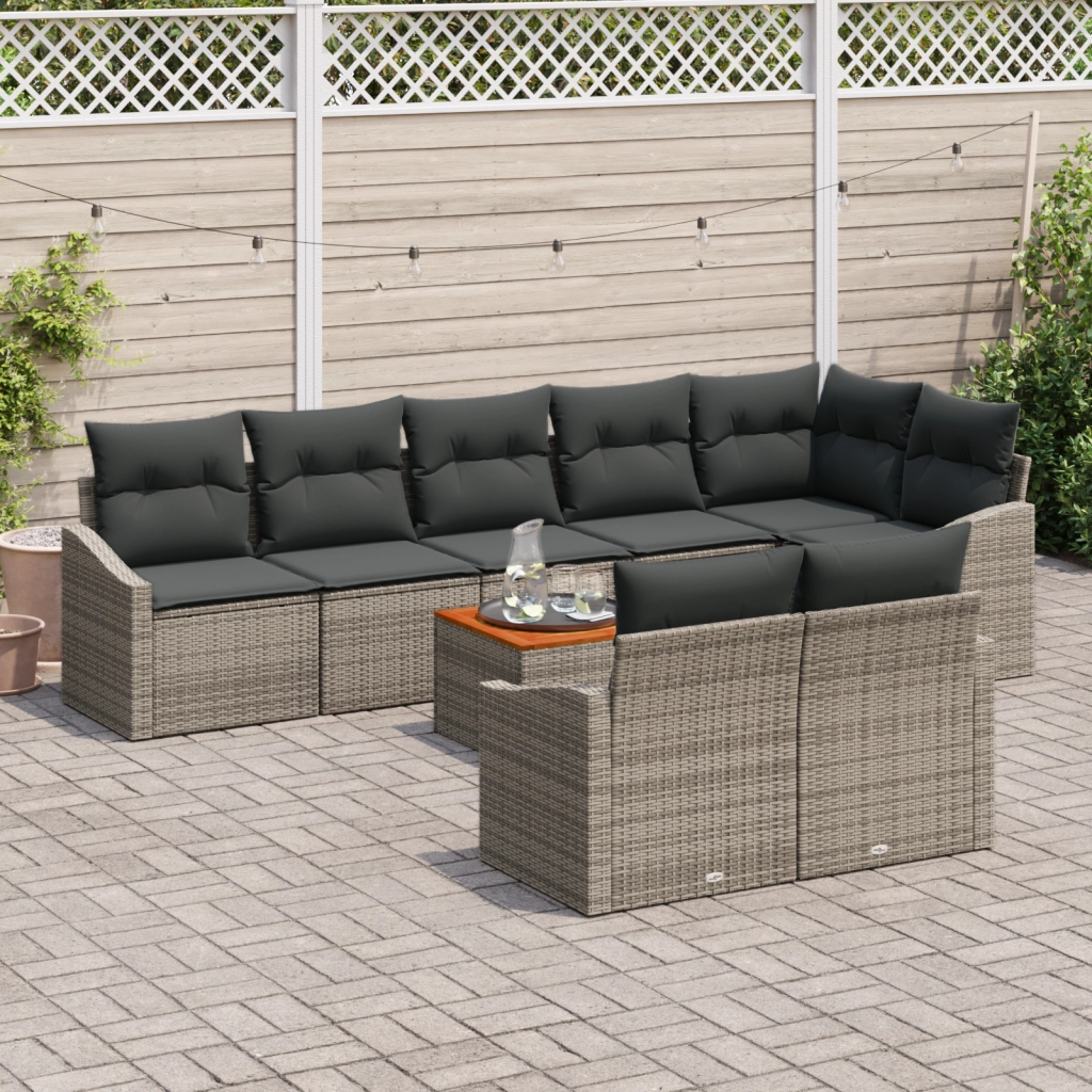Set Divano da Giardino 9 Pezzi con Cuscini Grigio Polyrattan Acacia